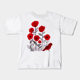 Poppies and little red bird watercolor painting Kids T-Shirt